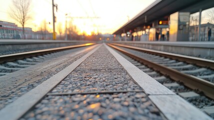 Fototapeta premium Sunset train tracks, station platform, commuters, urban travel