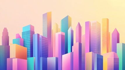 Obraz premium Colorful cityscape, vibrant buildings, pastel skyline, background image, urban scene, digital illustration, artistic, vector, graphic design