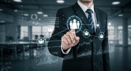 Professional businessman interacting with virtual customer network interface showing digital transformation and data analytics with financial growth charts in modern corporate office environment