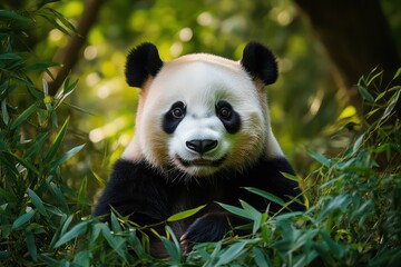 Fototapeta premium A Cute Panda Is Hidden Amongst the Green Bamboo Leaves