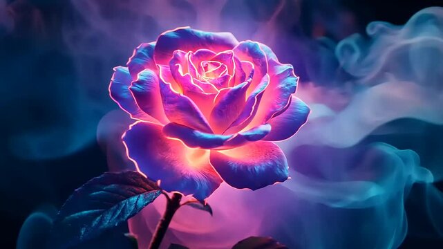 A vibrant, glowing rose surrounded by colorful smoke, creating a mystical atmosphere