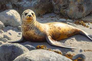Fototapeta premium A Seal Lies Relaxing on the Sandy and Rocky Shoreline