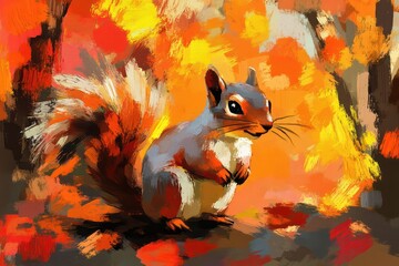 A colorful painting of a squirrel amidst autumn foliage