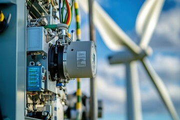 Close-Up View of Control System on Wind Turbine with Blades in Background Under Clear Sky