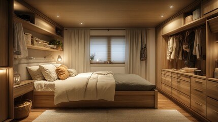 Cozy bedroom interior design, warm light, wooden furniture