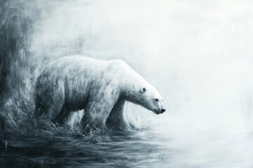 Fototapeta premium A polar bear walks through water in a misty environment