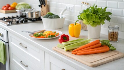 Fresh Vegetables on Wooden Cutting Board in Modern Bright Kitchen Interior. Bright kitchen counter with fresh vegetables prepared for a healthy cooking session