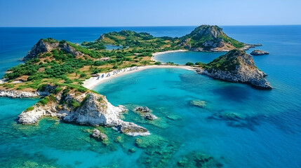 Fototapeta premium Aerial view of idyllic Greek island beach