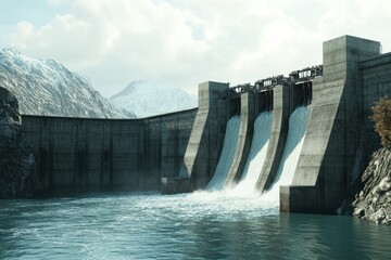 Majestic Concrete Dam Surrounded by Mountains with Flowing Water from Hydro Power Generation