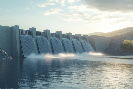 Scenic View of Modern Dam Structure with Water Flowing and Mountains in Background at Sunset
