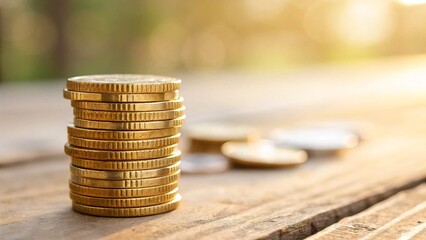 Stack Of Gold Coins On Wooden Surface With Sunlit Background. A focused view of gold coins stacked on wooden planks under soft sunlight