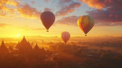 Fototapeta premium Sunrise hot air balloons over ancient temples. (5)