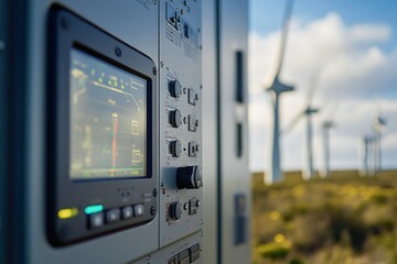 Modern Control Panel for Renewable Energy System with Wind Turbines in Background