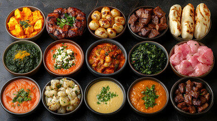 Assorted Indian small plates, dark background