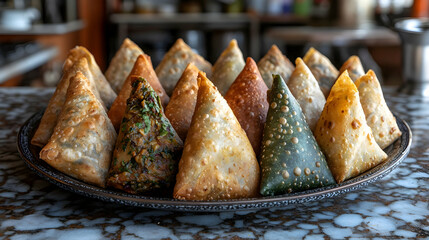 Assorted savory pastries on a platter, kitchen background