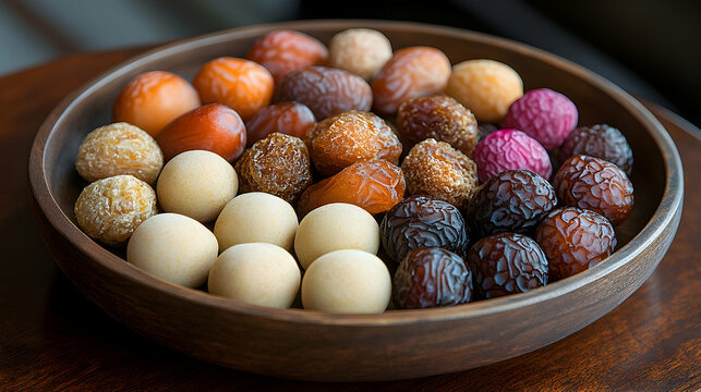 Assorted dates in wooden bowl on table