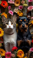 Fototapeta premium postcard cat and dog with flowers