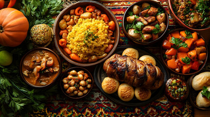 Fototapeta premium Autumnal feast Diverse dishes on ornate table