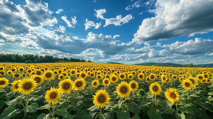 Obraz premium 真夏の輝き – 入道雲とひまわりの共演