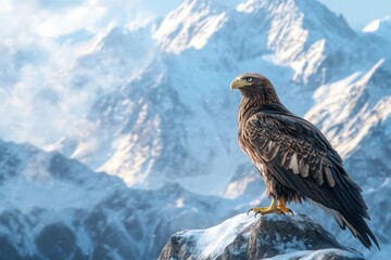 Majestic Golden Eagle Perched atop a Snow Covered Mountain