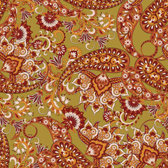 Paisley and ethnic flowers seamless vector pattern. floral vintage background