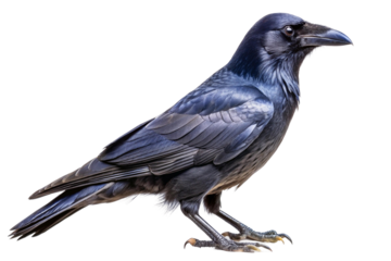 Majestic black crow with glossy feathers and piercing gaze, standing confidently. PNG format