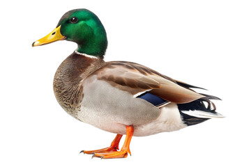 Obraz premium Handsome drake with shimmering green head, rich brown body, and bright orange feet, standing confidently. PNG format