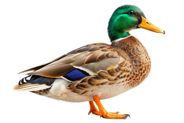 Obraz premium Vibrant mallard drake with iridescent green head and bright orange feet. PNG format