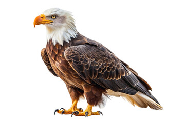 Obraz premium Regal eagle with intense golden eyes, strong beak, and magnificent brown and white feathers, standing proudly. PNG format