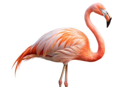 Graceful flamingo with vibrant pink and orange feathers, long curved neck, and slender legs, standing elegantly. PNG format