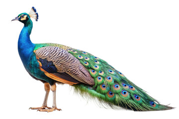 Fototapeta premium Close-up of a magnificent Indian peafowl displaying iridescent plumage. PNG format