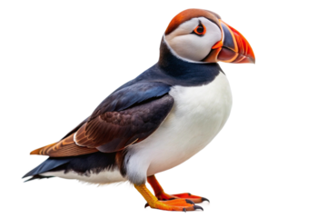 Charming puffin with a bright orange beak and black-and-white plumage, standing proudly. PNG format