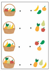 matching fruit baskets with the correct group of fruits. Each basket contains different fruits, and children need to find the matching set. Matching pictures worksheet for kids