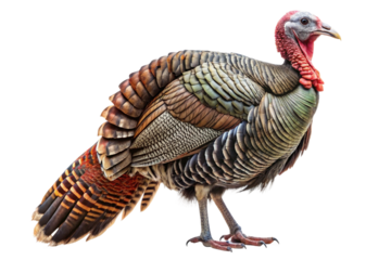 Regal wild turkey with a majestic display of colorful plumage. PNG format