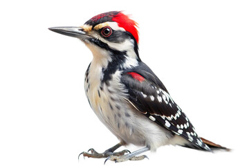 High-resolution close-up of a hairy woodpecker with a red crest, black-and-white plumage, and sharp beak. PNG format