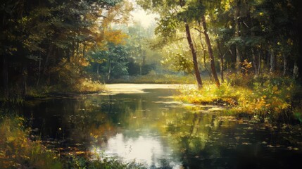 A beautiful forest scenery showing a tranquil lake and trees