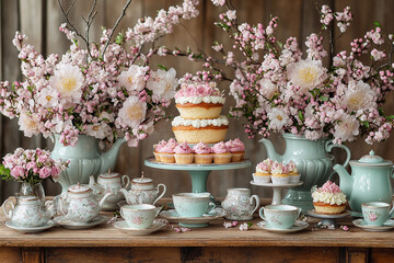 Elegant dessert table adorned with spring flowers at a cozy gathering