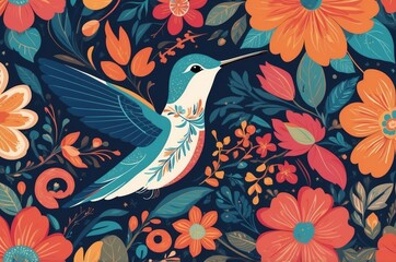 Colorful hummingbird surrounded by vibrant floral patterns in a stylized design