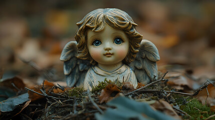 Cherubic angel figurine nestled in autumn leaves