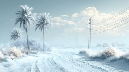 Obraz premium Frosty Desert Road Palm Trees, Power Lines, Winter Scene