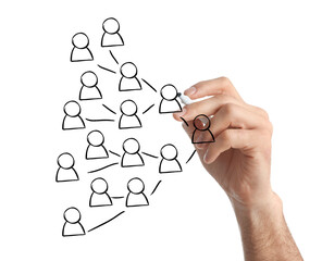 Man drawing family tree on virtual screen against white background. Scheme with human figures