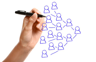 Woman drawing family tree on virtual screen against white background. Scheme with human figures