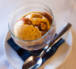 Sweet tasty chocolate ice-cream, served with hot chocolate, nobody