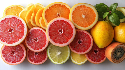 Colorful citrus fruit slices arranged on white background