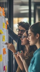 Innovation Unveiled: A group of focused colleagues engage in a planning session, reviewing notes and ideas on a board to brainstorm new strategies in their workspace.