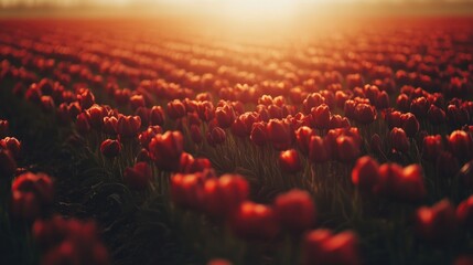 Fototapeta premium Vast Field of Vibrant Tulips Stretching Towards the Horizon at Sunset
