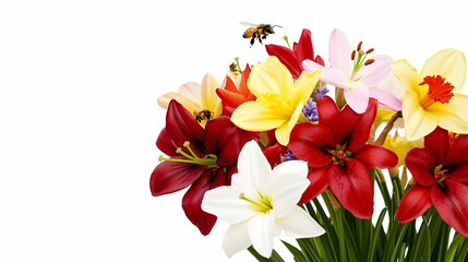 Naklejka premium Colorful lilies and daffodils bouquet with bees, isolated