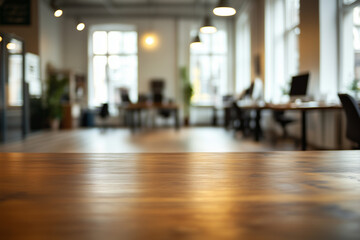Un interior de oficina espacioso con un enfoque borroso, adecuado como imagen de fondo, escritorio en primer plano