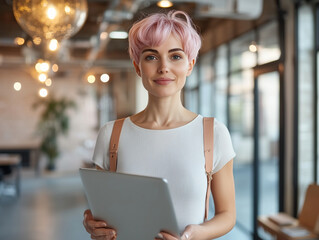 Retrato de una hermosa especialista auténtica con el pelo corto rosado de pie, sosteniendo una computadora portátil, mirando a la cámara y sonriendo encantadoramente. Trabajando en diseño, análisis de