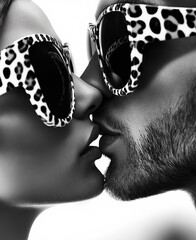 black and white photo of couple wearing trendy sunglasses who kiss each other